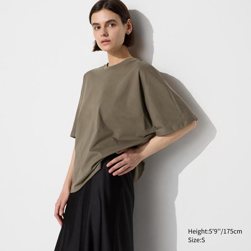 Uniqlo Cotton Relaxed Half Sleeve Women T-Shirts Olive  US |  HXRQ-61084