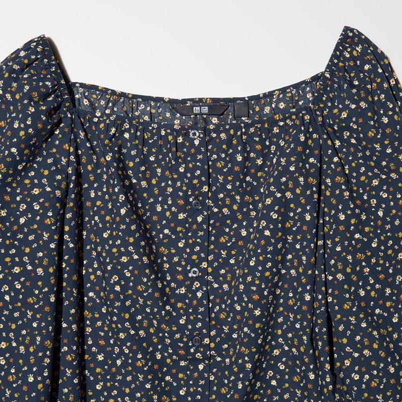 Uniqlo Cotton Square Neck (Print) Women Blouse Navy  US |  MVYR-81795