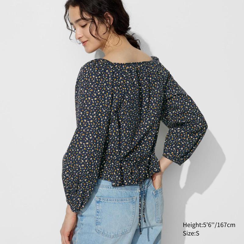 Uniqlo Cotton Square Neck (Print) Women Blouse Navy  US |  MVYR-81795