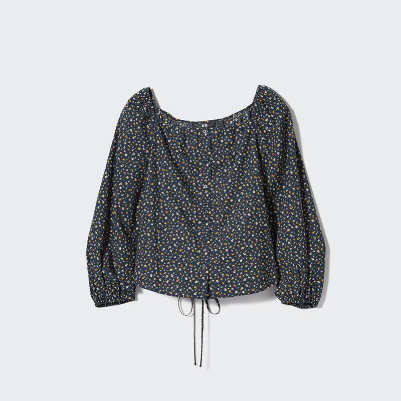 Uniqlo Cotton Square Neck (Print) Women Blouse Navy  US |  MVYR-81795