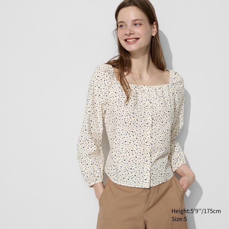 Uniqlo Cotton Square Neck (Print) Women Blouse Off White  US |  JMLG-36952