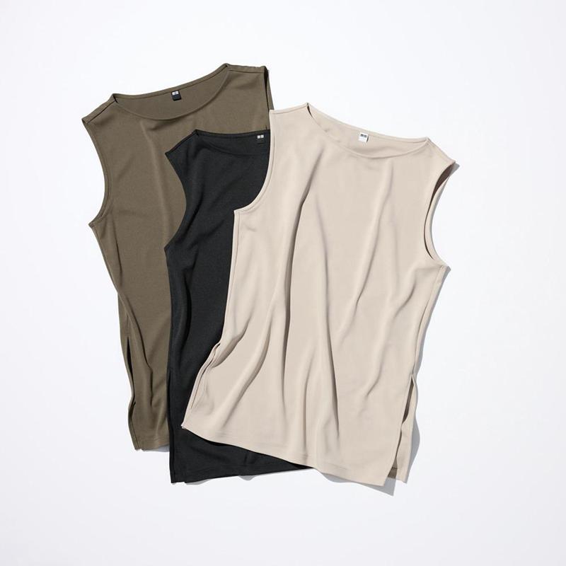 Uniqlo Crepe Jersey Sleeveless Women T-Shirts Olive  US |  EPKZ-76125