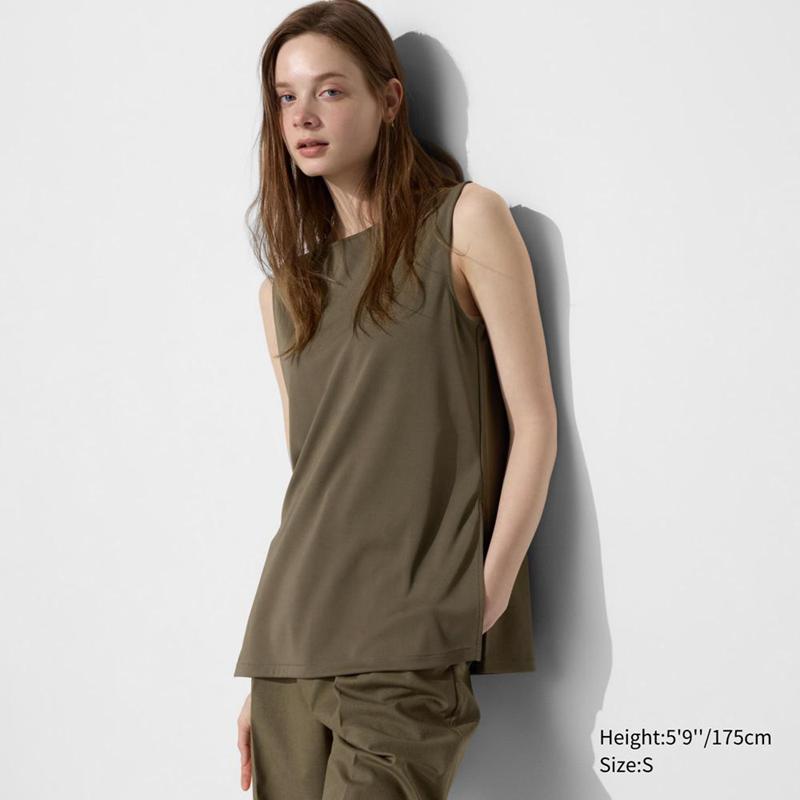 Uniqlo Crepe Jersey Sleeveless Women T-Shirts Olive  US |  EPKZ-76125