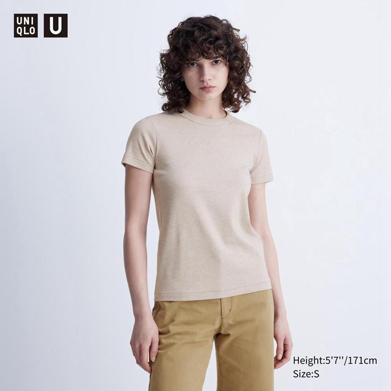 Uniqlo Crew Neck Women T-Shirts Beige  US |  KPVX-52067