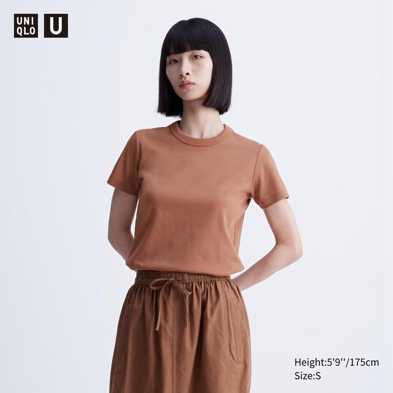 Uniqlo Crew Neck Women T-Shirts Brown  US |  KWGM-08129