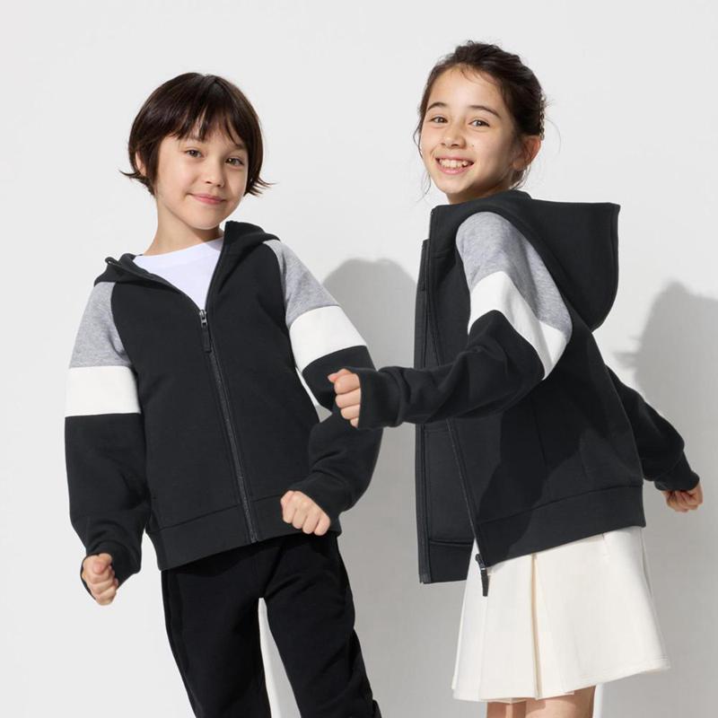 Uniqlo DRY Sweat Full-Zip (Colour Block) Kids\' Hoodies Black  US |  IHMG-96832