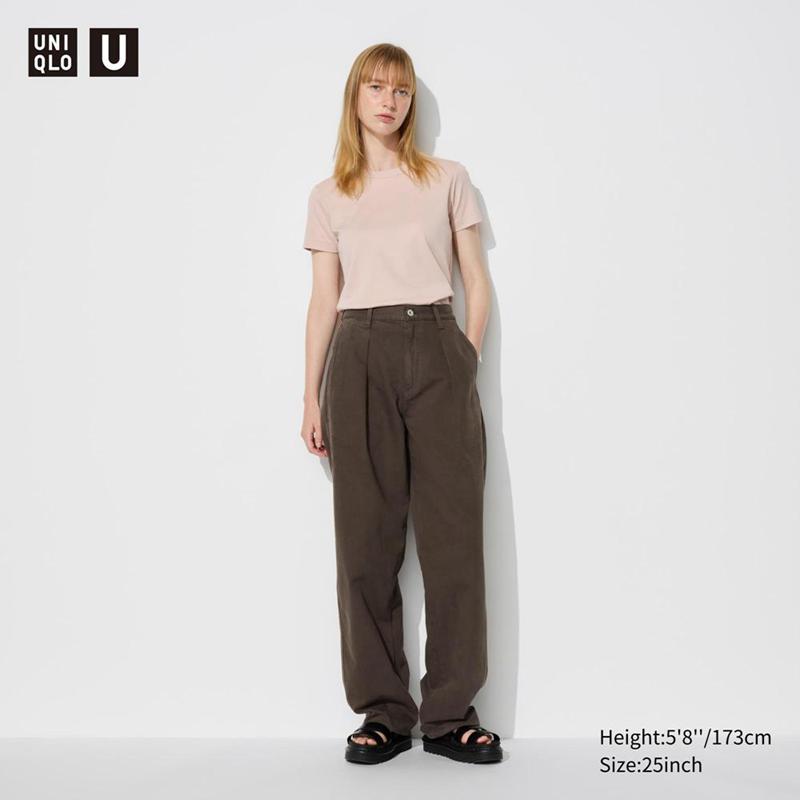 Uniqlo Denim Pleated (Long) Women Trousers Brown  US |  COKF-96135