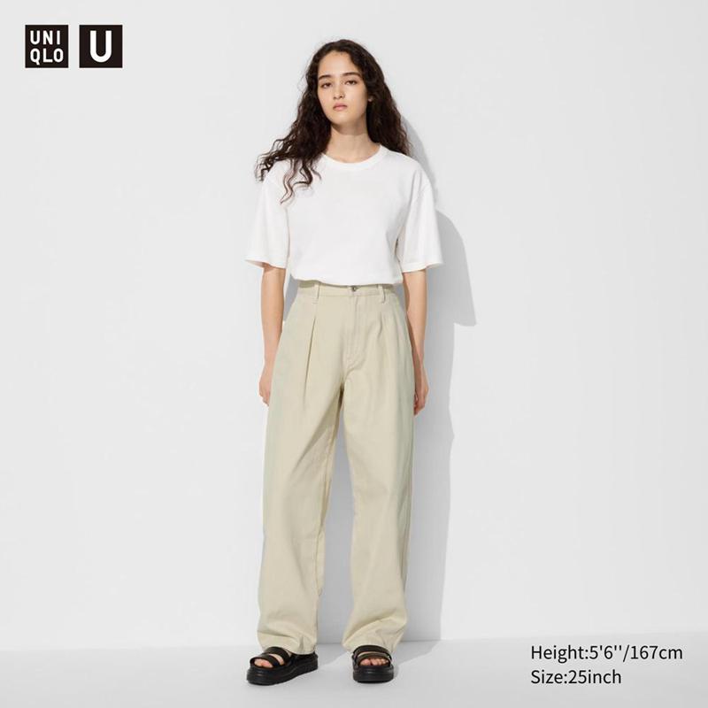 Uniqlo Denim Pleated Women Trousers Beige  US |  TBUE-75916