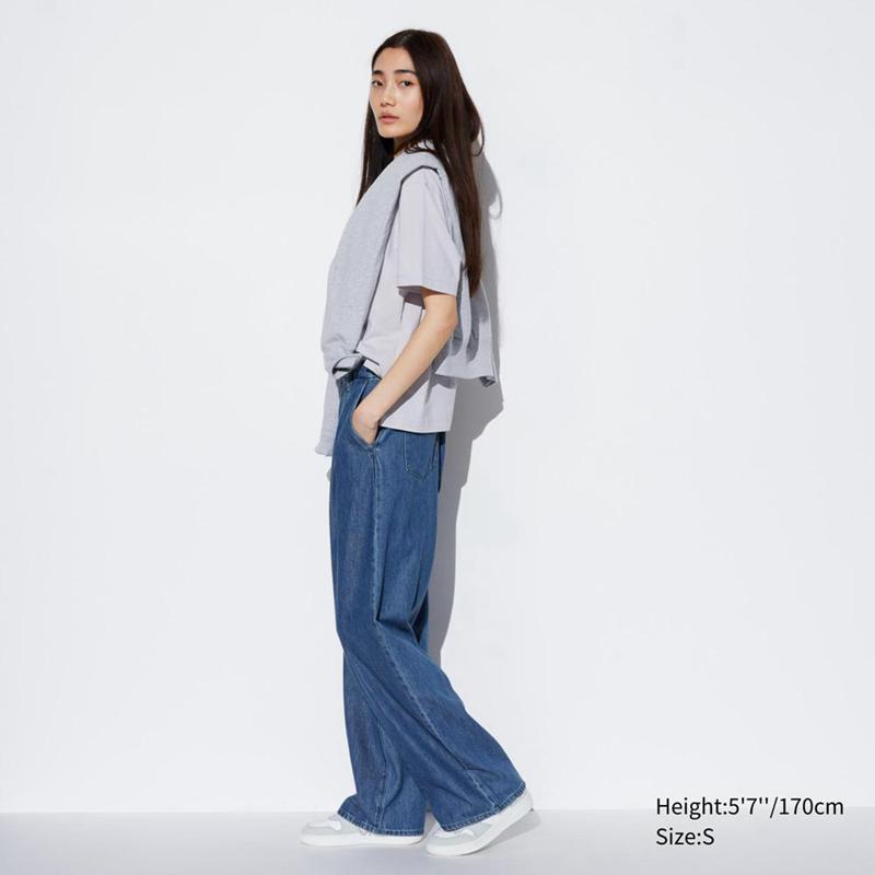 Uniqlo Drapey Denim Pleated Women Trousers Natural  US |  RBVE-95407