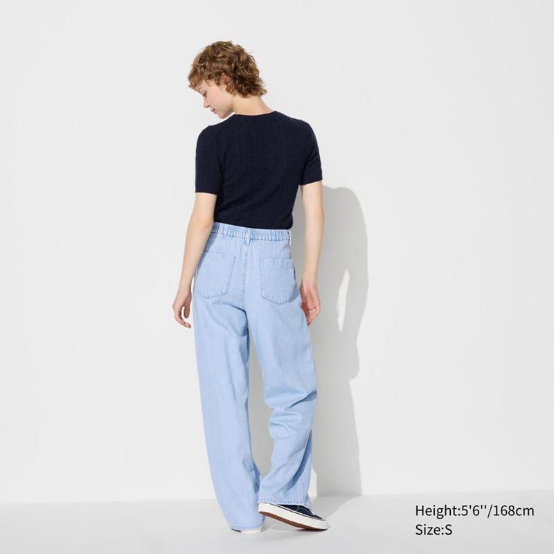 Uniqlo Drapey Denim Pleated Women Trousers Natural  US |  RBVE-95407