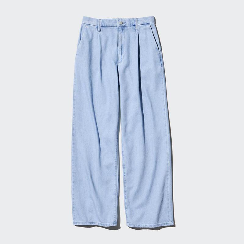 Uniqlo Drapey Denim Pleated Women Trousers Natural  US |  RBVE-95407