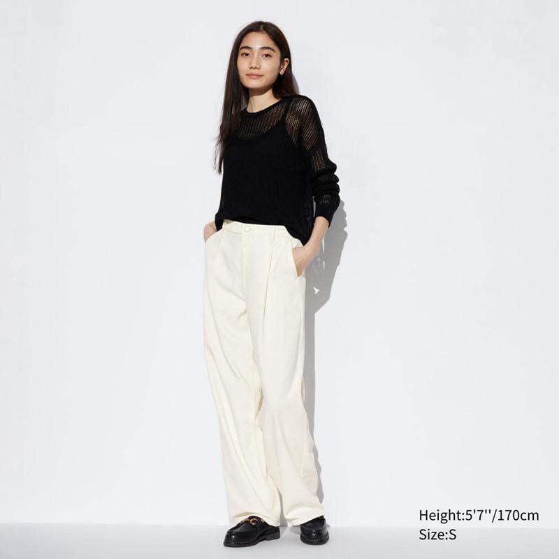 Uniqlo Drapey Denim Pleated Women Trousers Natural  US |  RBVE-95407