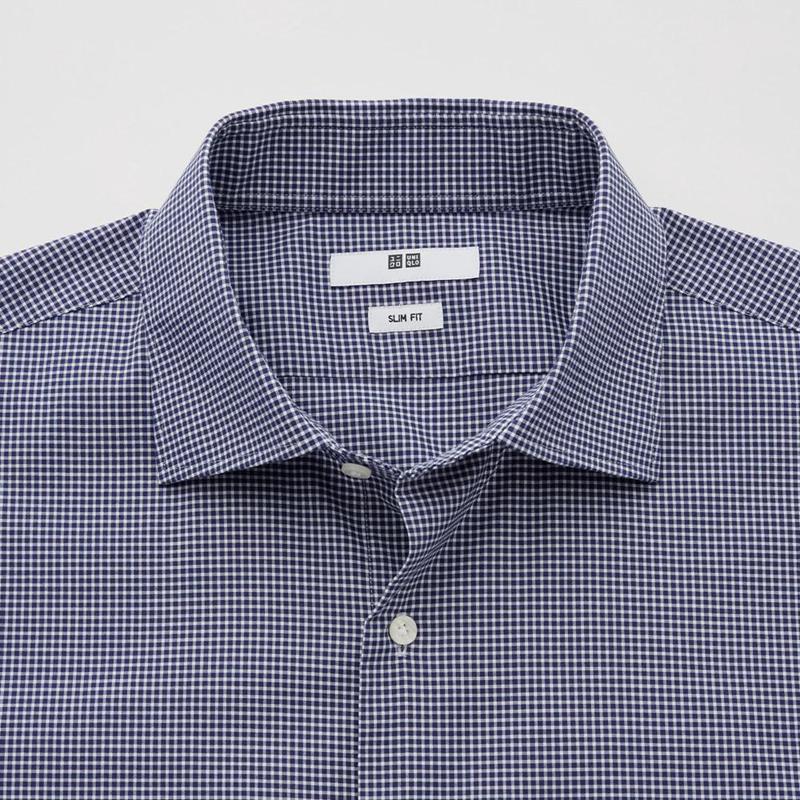 Uniqlo Easy Care Stretch Slim Fit (Check, Semi-Cutaway Collar) Men Shirts Navy  US |  BDFH-65417