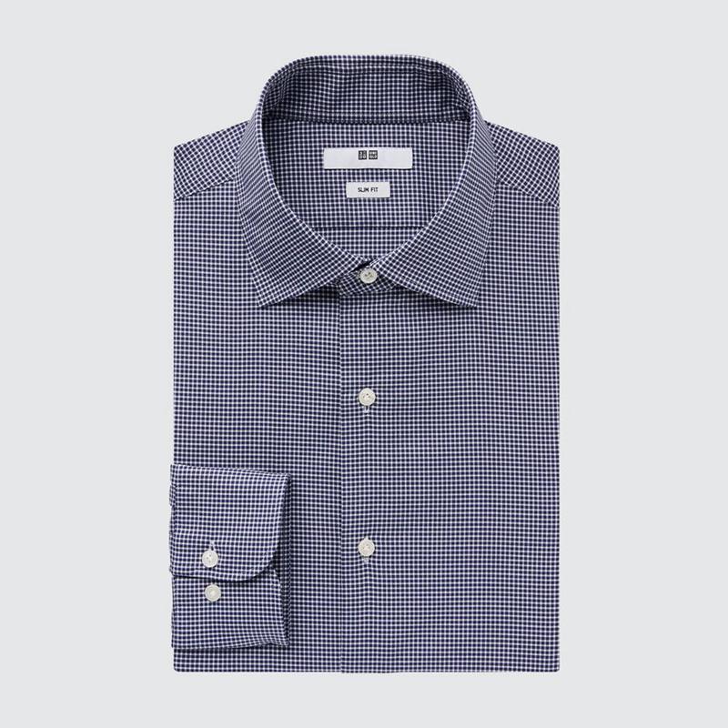 Uniqlo Easy Care Stretch Slim Fit (Check, Semi-Cutaway Collar) Men Shirts Navy  US |  BDFH-65417