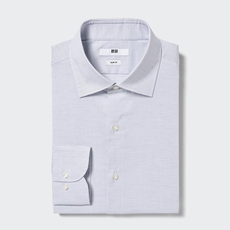 Uniqlo Easy Care Stretch Slim Fit (Check, Semi-Cutaway Collar) Men Shirts Blue  US |  UVYB-27843