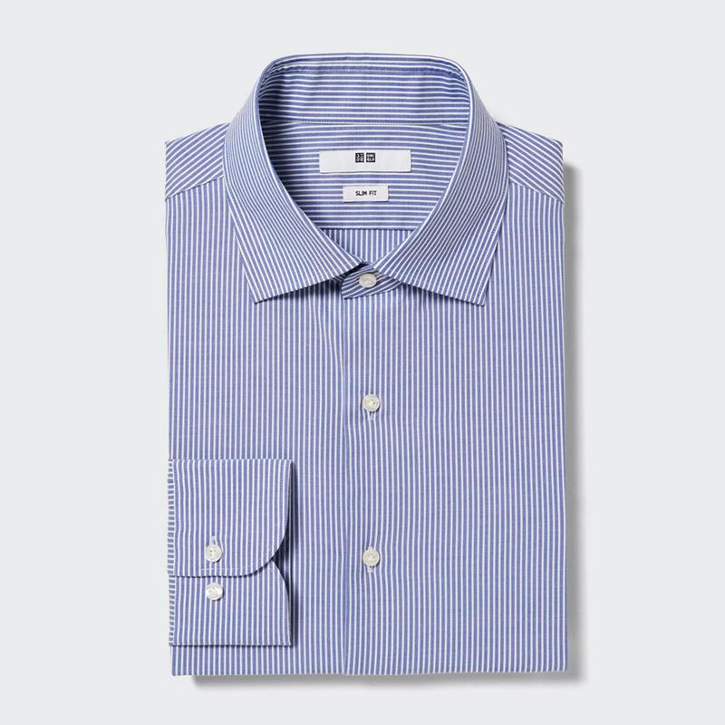 Uniqlo Easy Care Stretch Slim Fit (Stripe, Semi-Cutaway Collar) Men Shirts Blue  US |  ZANE-15096