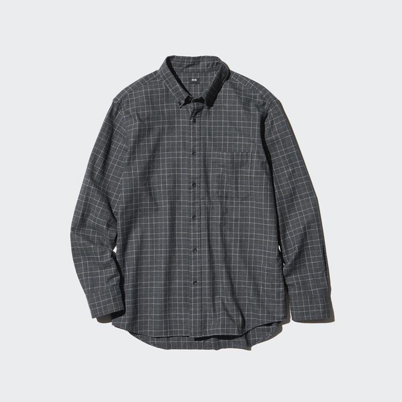 Uniqlo Flannel (Button-Down Collar, Check) Men Shirts Dark Grey  US |  GLTJ-54830