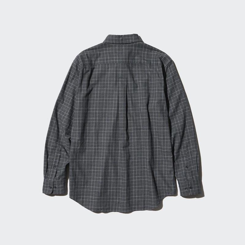 Uniqlo Flannel (Button-Down Collar, Check) Men Shirts Dark Grey  US |  GLTJ-54830