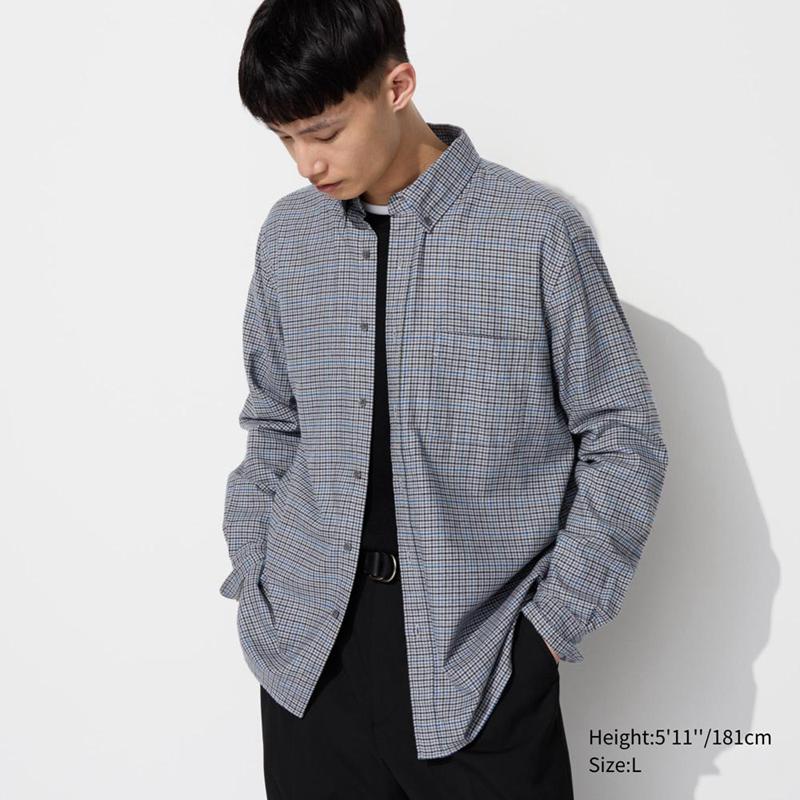 Uniqlo Flannel (Button-Down Collar, Check) Men Shirts Grey  US |  UDKO-65897