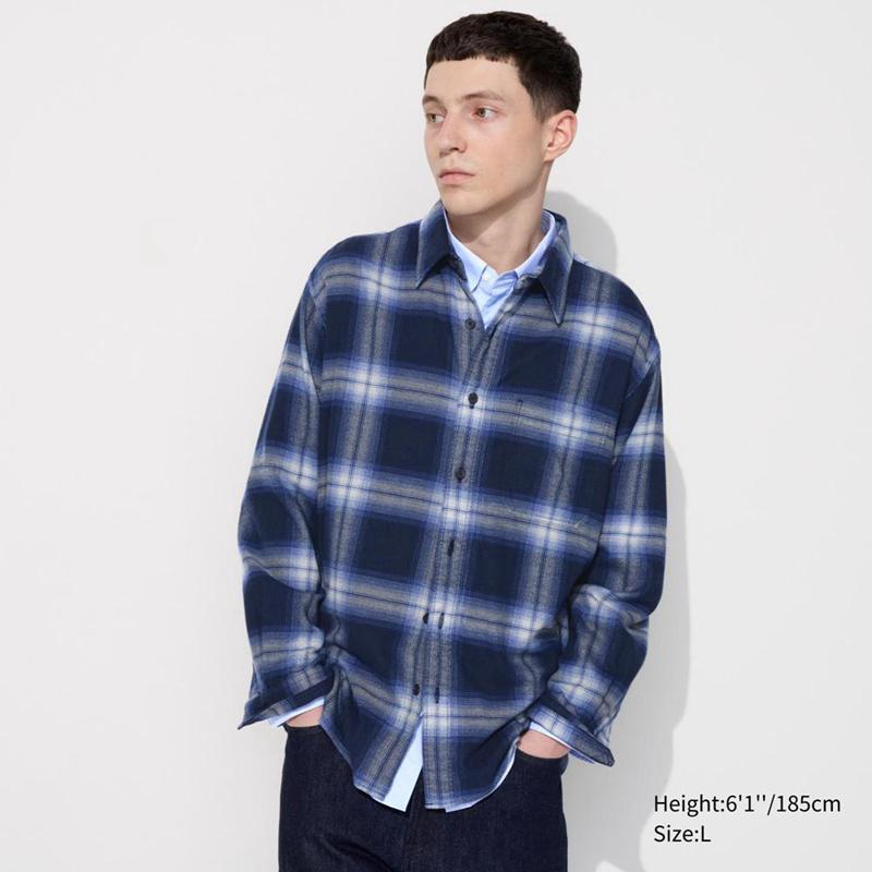 Uniqlo Flannel (Regular Collar, Check) Men Shirts Blue  US |  BAHD-47801