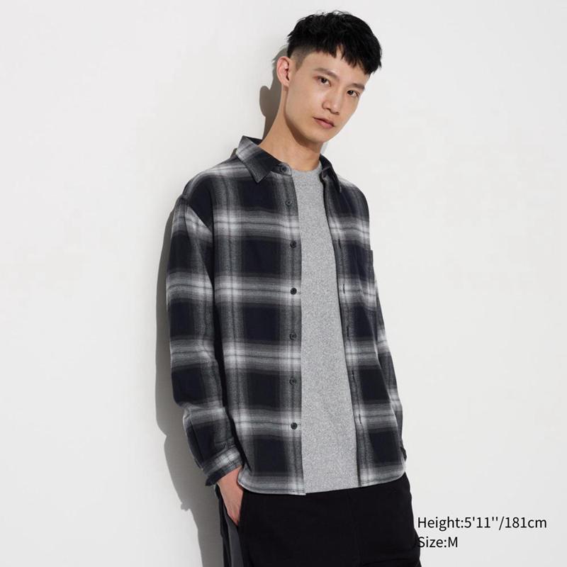 Uniqlo Flannel (Regular Collar, Check) Men Shirts Black  US |  RDMI-79102