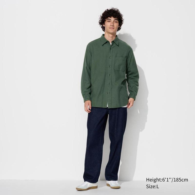 Uniqlo Flannel (Regular Collar) Men Shirts Olive  US |  ZQFJ-06137