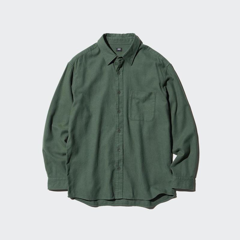 Uniqlo Flannel (Regular Collar) Men Shirts Olive  US |  ZQFJ-06137