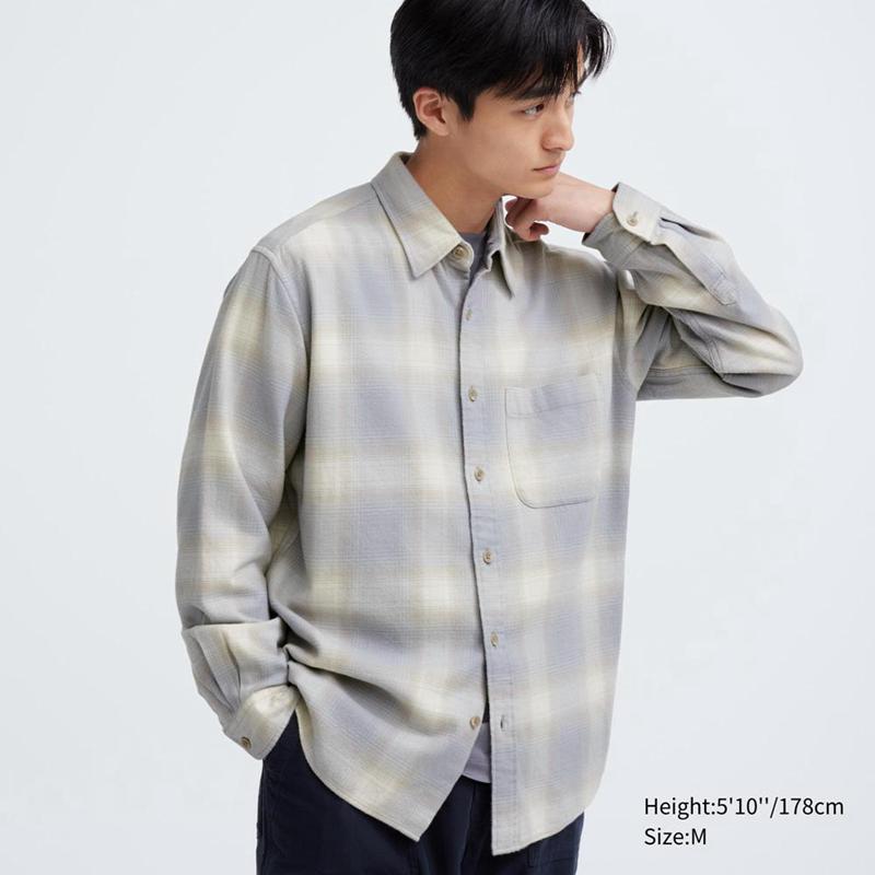 Uniqlo Flannel Regular Fit (Check, Regular Collar) Men Shirts Grey  US |  VTLP-54837