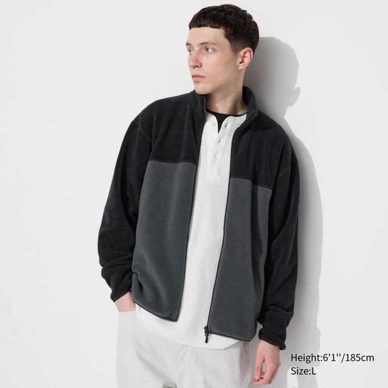 Uniqlo Fleece Full-Zip (Colour Block) Men Jackets Grey  US |  LJXU-52478