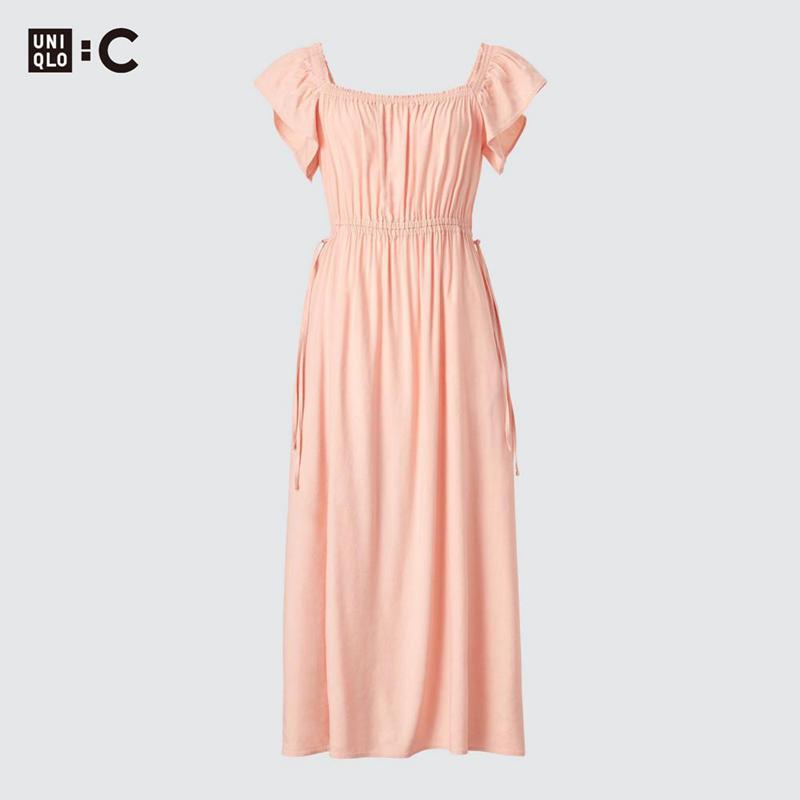 Uniqlo Gathered Open Back (Short Sleeve) Women Dress Pink  US |  EHWB-50362