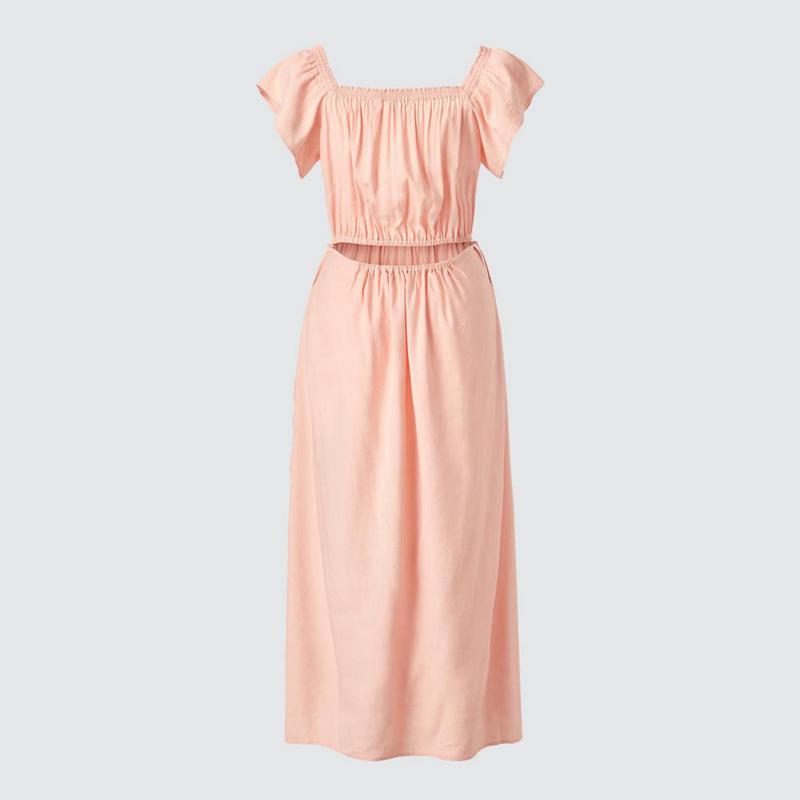 Uniqlo Gathered Open Back (Short Sleeve) Women Dress Pink  US |  EHWB-50362