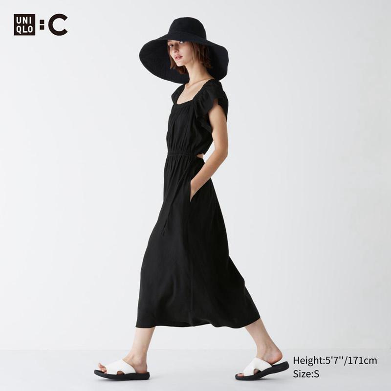 Uniqlo Gathered Open Back (Short Sleeve) Women Dress Black  US |  QTCD-48021