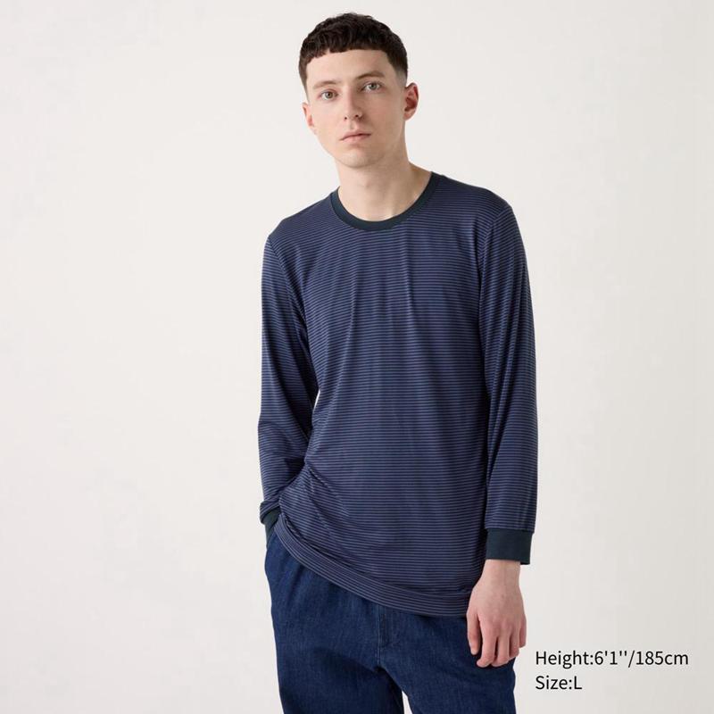 Uniqlo HEATTECH Crew Neck (Stripe) Men T-Shirt Blue  US |  MKDG-24918