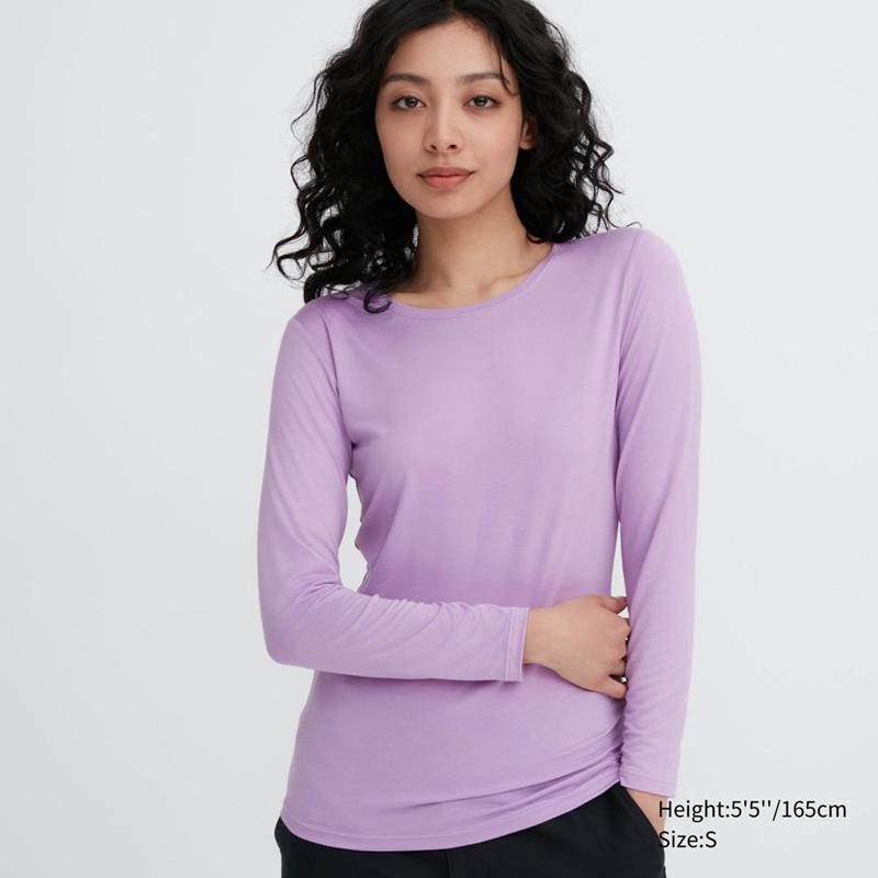 Uniqlo HEATTECH Crew Neck Women T-Shirts Purple  US |  FDOU-29645