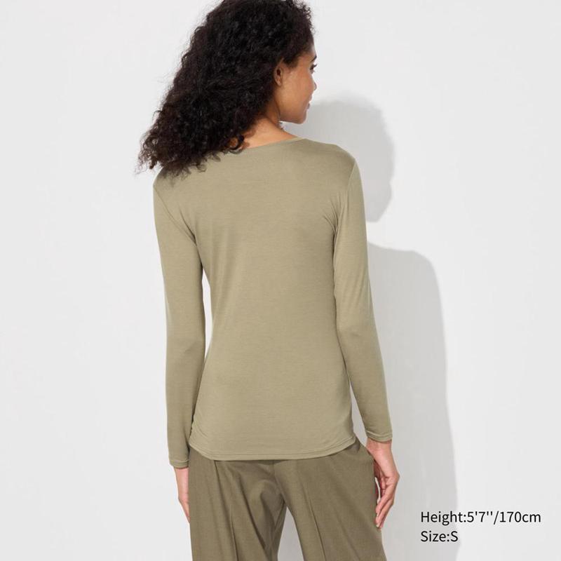 Uniqlo HEATTECH Crew Neck Women T-Shirts Olive  US |  BLWY-43198