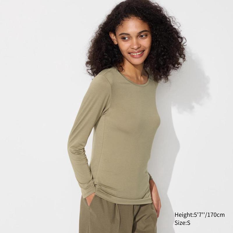 Uniqlo HEATTECH Crew Neck Women T-Shirts Olive  US |  BLWY-43198