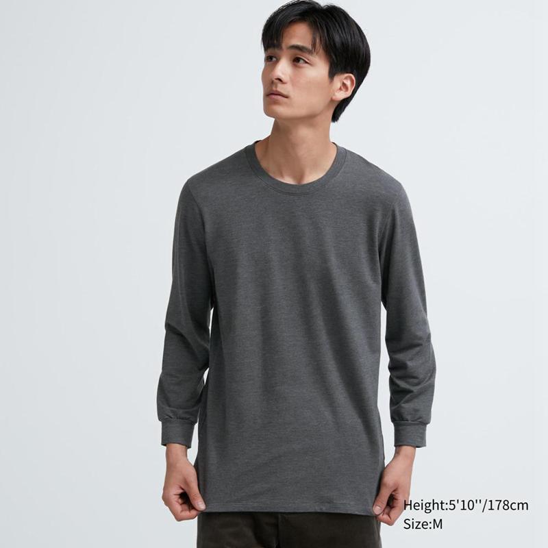 Uniqlo HEATTECH Extra Warm Cotton Crew Neck (Heather) Men T-Shirt Dark Grey  US |  OFWS-31654