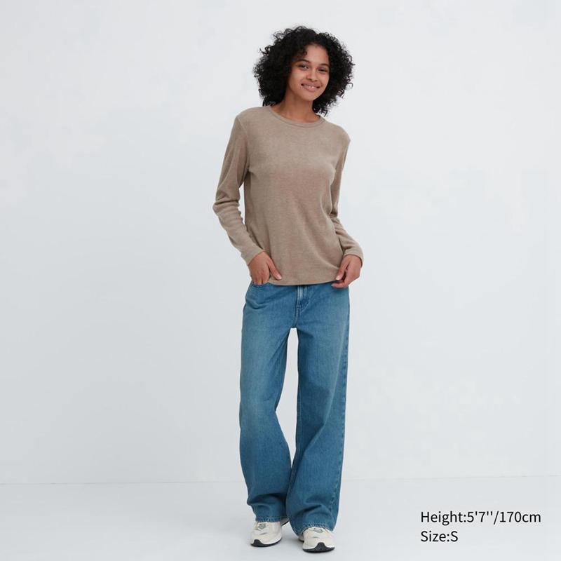 Uniqlo HEATTECH Fleece Crew Neck Women Long Sleeved Top Beige  US |  ETKB-97206