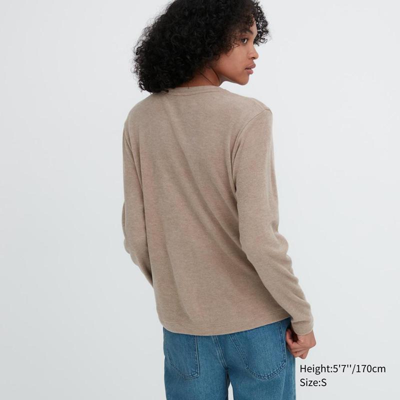 Uniqlo HEATTECH Fleece Crew Neck Women Long Sleeved Top Beige  US |  ETKB-97206