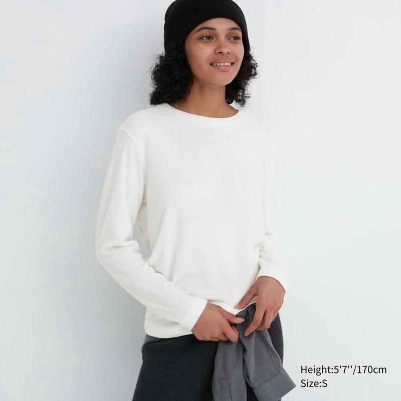 Uniqlo HEATTECH Fleece Crew Neck Women Long Sleeved Top Off White  US |  PRLB-08956