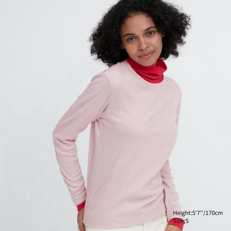 Uniqlo HEATTECH Fleece Crew Neck Women Long Sleeved Top Pink  US |  BZYN-12659