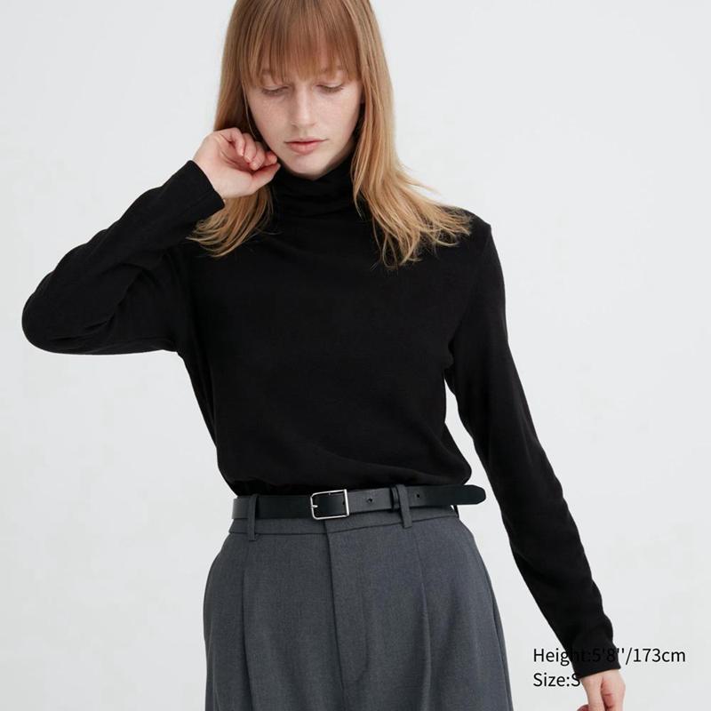 Uniqlo HEATTECH Fleece Women Turtleneck Tops Black  US |  VHEP-15203