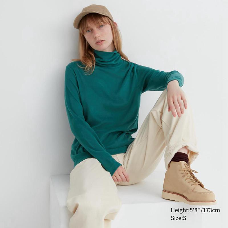 Uniqlo HEATTECH Fleece Women Turtleneck Tops Green  US |  EZPH-23197