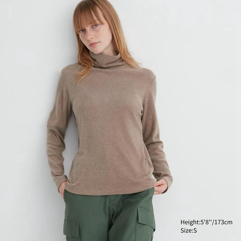 Uniqlo HEATTECH Fleece Women Turtleneck Tops Beige  US |  ILUW-20146