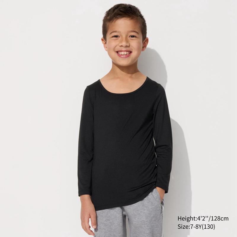 Uniqlo HEATTECH Scoop Neck Kids\' Long Sleeved Top Black  US |  YKXI-57348