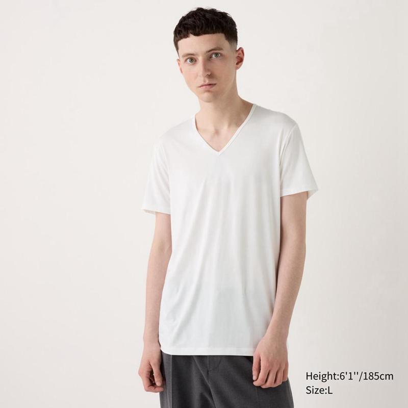 Uniqlo HEATTECH V Neck (Short Sleeve) Men T-Shirt White  US |  GSEW-58609