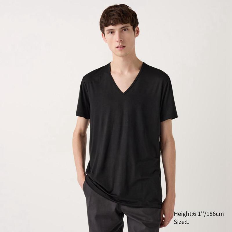 Uniqlo HEATTECH V Neck (Short Sleeve) Men T-Shirt Black  US |  YCDB-80564