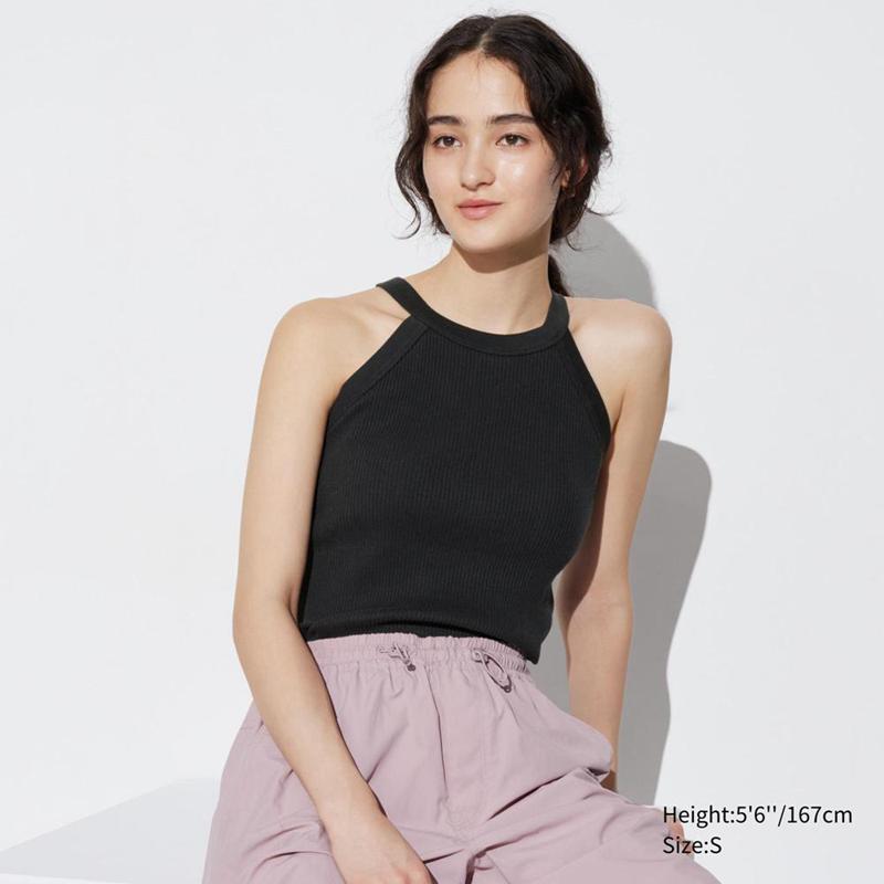 Uniqlo Halter Neck Ribbed Cropped Women Tank Tops Black  US |  KPCQ-51304