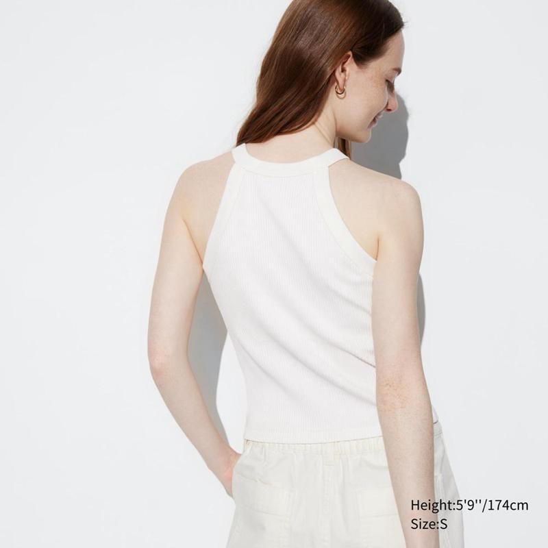 Uniqlo Halter Neck Ribbed Cropped Women Tank Tops White  US |  LHVO-87096