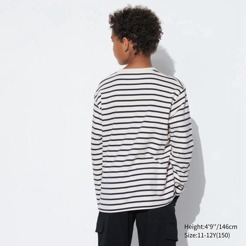 Uniqlo Kids Soft Brushed Cotton Striped Crew Neck Long Sleeved Kids' T-Shirt Off White  US |  BZAJ-48019